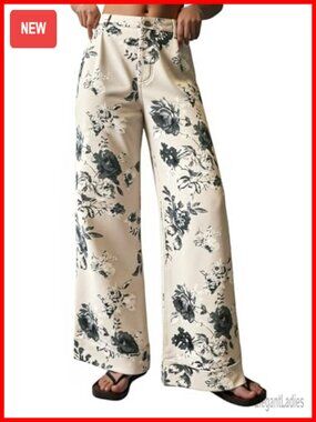 Womens Cotton Blend Denim Floral Baggy Wide Leg High Waisted Jeans